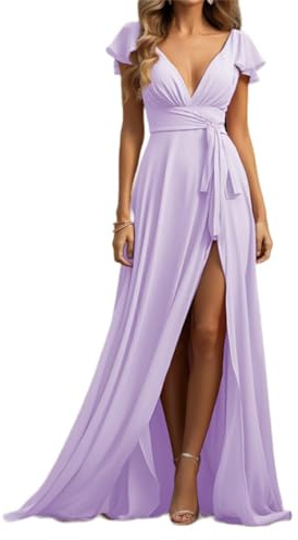 WSEYU Vestidos de dama de honor de gasa para boda, cuello en V, abertura formal, vestido de noche con manga corta, Lila, 48