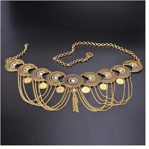 YMYGCC Damen Bauchtanz Gürtel Bauchtanz Schal Münzen Gürtel 2 Farbe Bauchtanz Schmuck Frau Tanzen Tragen Zubehör Bauchkette Vintage Stil Tanzgürtel 255(Golden)