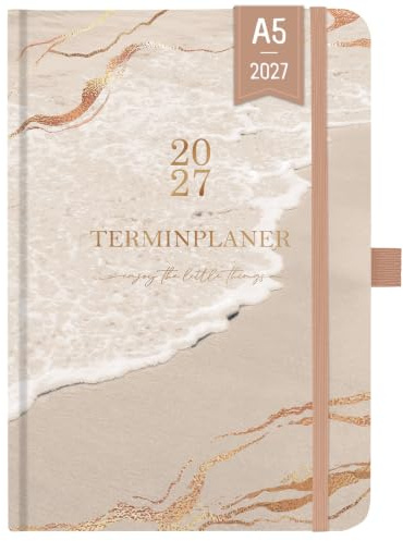 Terminplaner 2027 - Kalender 2027 Buchkalender, Golden | Terminkalender 2027 von Januar 2027 bis Dezember 2027, Wochenplaner A5 mit Innentasche, Elastischer Verschluss, 21.3 x 14.7cm