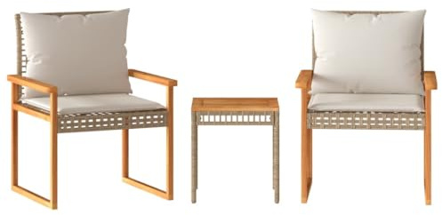 vidaXL Ensemble de Bistro et Coussins 3 pcs, Table et Chaises, Ensemble de Meubles de Jardin, Mobilier d'Extérieur, Mélange Beige Résine Tressée Acacia