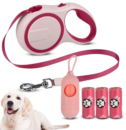 COZYPETS Correa Perro Extensible de 5 Metros – Correa Retráctil para Perros de hasta 30 Kg con Asa Ergonómica, 3 Bolsas para Caca y Dispensador, Ideal para Adiestramiento y Paseos (Rosa, 5metros)