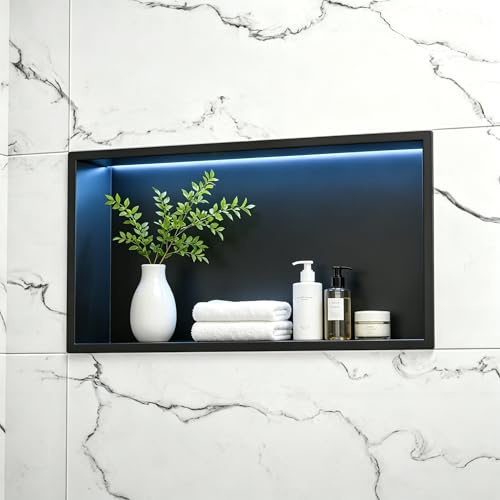 Bernkot Wall Recess Shower Stainless Steel with RGB LED, Wall Niche Bathroom Niche Shower Niche Can be Tiled with Remote Control 60 cm x 30 cm, Black