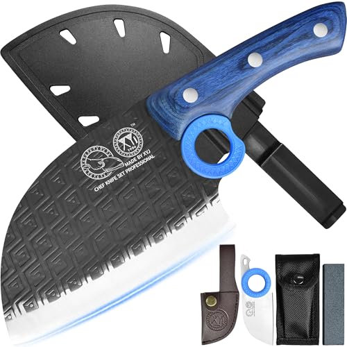 XYJ Authentic Since 1986, Heavy Duty Large Meat Cleaver, cuchillo de carnicero de chef serbio con estuche, cuchillo de cocina vegetariano de Chefs, Full Tang for Outdoor Camping, Wood Handle with