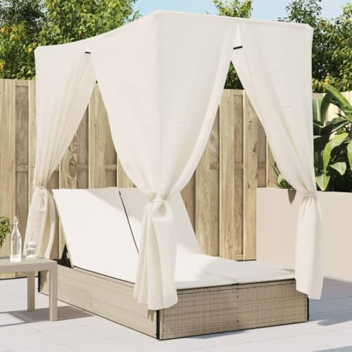 Wenjingqi-368076 Doppelliege mit Dach und Vorhängen, Polyrattan, Beige