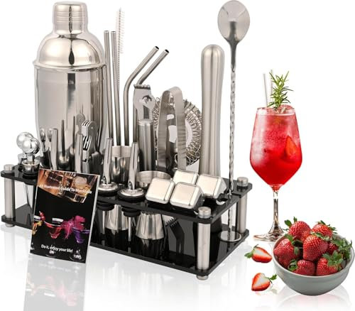 Cocktail Shaker Set,750 ML Stainless Steel Cocktail Mixing Set with Acrylic Stand, Bartending Kit for Home, Bar, 26 Pieces Bar Tool Kit for Christmas, Birthday,Anniversary, Weeding