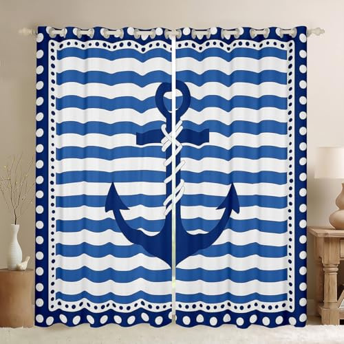 Manfei Nautical Anchor Kids Blackout Curtain,Geometric Wave Points Stripes Patch Window Drapes for Boys Girls,Ocean Adventure Blue White Window Treatments Grommet Top 2 Panel Set, 52Wx84L inch