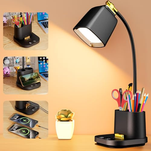 led desk lamp for dormitory, 2 USB ports, dorm essentials, small table lamp for home office, dorm, gooseneck desk lamp with storage box for study, reading