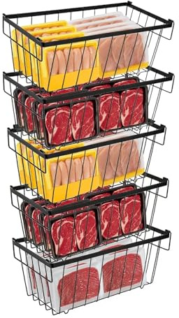 Chest Freezer Baskets,5 Pack Stackable Freezer Organiser for Deep Freezer | 37 x 18 x 15 cm Frozen Food Containers for Sorting Meat, Vegetables, Meal Prep and Packaged Foods in Deep Freezers