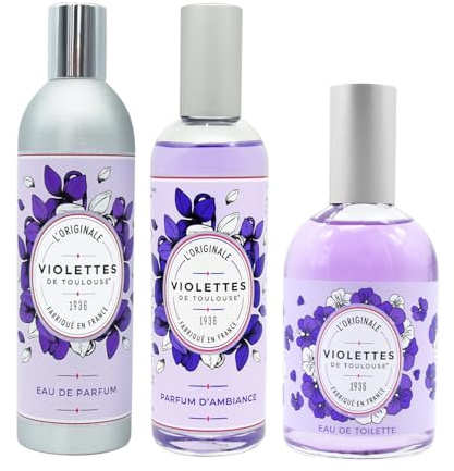 BERDOUES - Lot Violettes de Toulouse - Parfum Ambiance maison 100ml + Eau de toilette femme 110ml + Eau de parfum femme 100ml, Coffret cadeau femme, Made in France