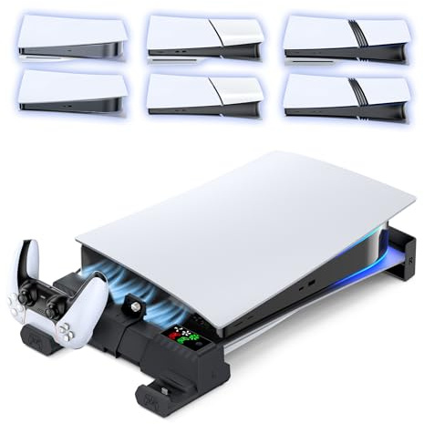 Supporto Orizzontale per PS5/Slim/Pro, Ventola Raffreddamento per Playstation 5/Slim/Pro Console Disc & Digital, Base Orizzontale PS5 Pro con Caricatore per PS5 Controller Originale & Edge (Nero)