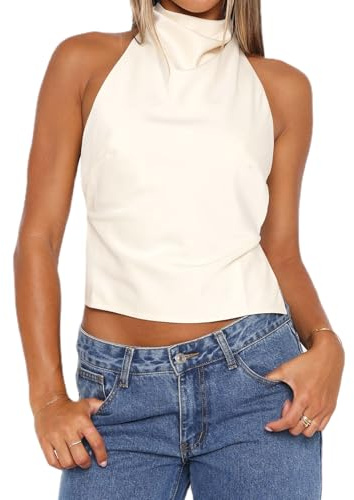 Qtinghua Women Y2k Halter Neck Satin Top Sleeveless Mock Neck Open Back Tank Tops Trendy Backless Going Out Cami Blouse Streetwear (White, S)