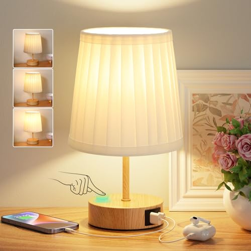 PreeOtti Nachttischlampe Touch Dimmbar, USB A+C-Ladefunktion, Tischlampe mit Weißer Lampenschirm aus Plissee-Stoff, Kleine Lampe für Nachttisch Wohnzimmer Schlafzimmer Kinderzimmer Büro