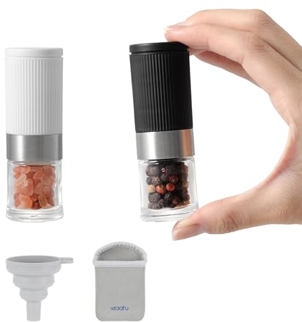 vzaahu Ensemble de mini moulins à sel et à poivre noir et blanc avec sac et entonnoir, petits outils à épices portables de voyage, grossier réglable, rechargeable, fraises en céramique pour cuisine