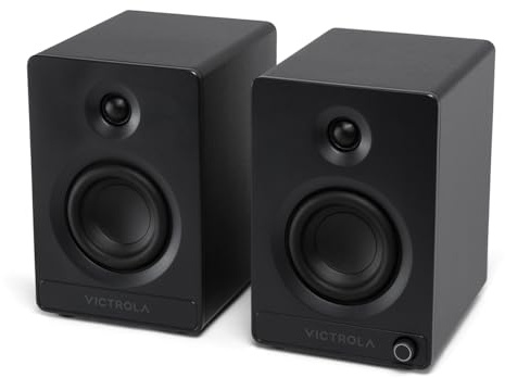 Victrola Tempo – Bluetooth-högtalare för bokhylla – Rumsfyllande ljud, Bluetooth-ingång, multihögtalare strömning med Auracast, USB-C datoringång, skivspelare ingångar, subwoofer-utgång (par, svart)