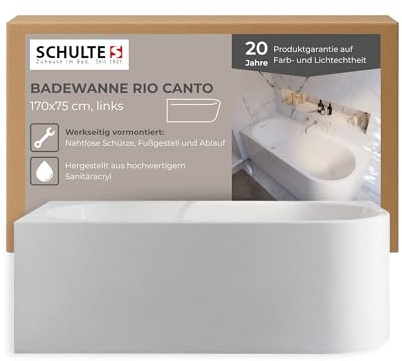 Schulte Badewanne Rio Canto links 170x75 cm mit Schürze | Komplettset aus Acryl in Weiß glänzend mit vormontierter Schürze, Fußgestell und Ablaufgarnitur.