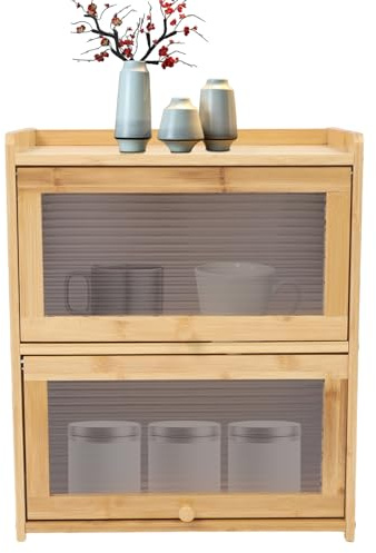 gucdaqc Wooden Bread Bin, Double Layer Bread Box for Kitchen Countertop, Bread Storage Container with Acrylic Windows and Flip-style Cabinet Doors, for Bread, Coffee, Spices (Wood)