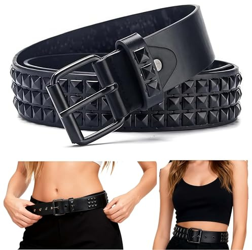 SDXCJY Cintura con rivetti in stile rock punk, borchie borchiate, goth, a tre file, a piramide, quadrata, in pelle PU vintage, rock punk, con occhielli borchiati, punk, per jeans, abbigliamento rock