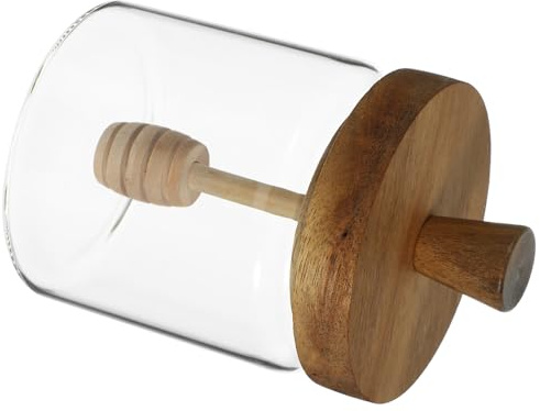 DOITOOL Pot à Miel en Verre 400Ml avec Couvercle en Bois et Cuillère Intégrée Distributeur de Miel Cuisine Compact et Transparent Stockage Dosage Précis