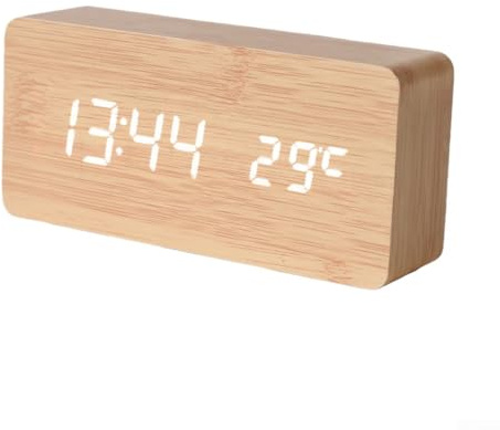 Sveglia digitale con display a LED, orologio da scrivania in legno con ora, data, temperatura, grande schermo, tripla sveglia, funzione snooze, portatile, camera da letto, ufficio (giallo)