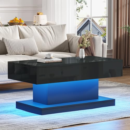 Merax Couchtisch in Hochglanz Schwarz, Moderne Wohnzimmertisch mit LED Beleuchtung, Sofatisch Kaffeetisch mit 2 Schubladen, schlichten Design, Rechteckig Beistelltisch Mitteltisch für Wohnzimmer Büro