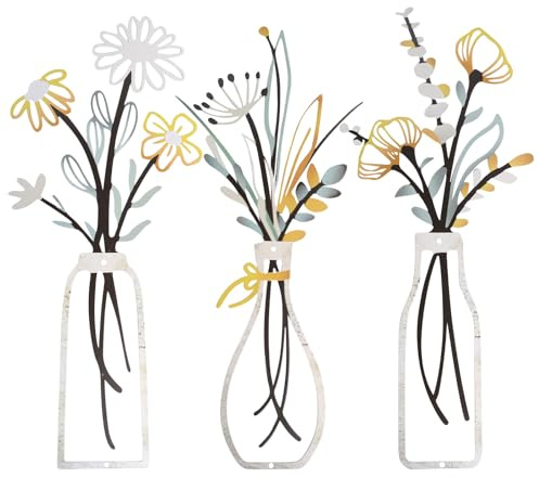 GomTrynxil 3 Bunte Metall Blumen Wanddekoration, Wanddeko Metall Wandskulptur Moderne Metallbilder Wandkunst für Wohnzimmer Schlafzimmer Küche Bad Flur, Minimalistische Vase Wanddeko in Vintage Stil