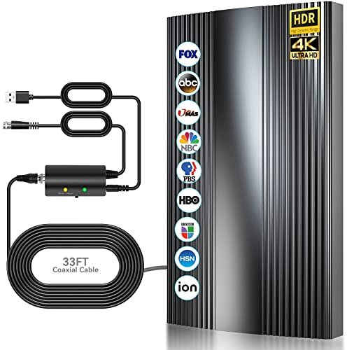 Antena TV Interior Exterior Digital,600KM Rango Amplificador de Señal Inteligente Antena de TV Digital para Interiores Canales de HDTV 1080P 4K Gratuitos,para Todos los Televisores Cable Coax de 10M