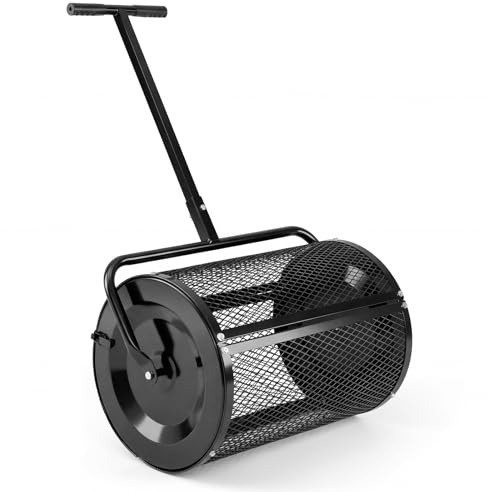 GYMAX Épandeur de Compost 75L, Rouleau en Maille Métallique avec Loquets, avec Poignée en T Réglable en Hauteur 108/113cm, Largeur 61 cm, pour Épandre d'Engrais, Fumier Gazon Pelouse, Jardin (Noir)
