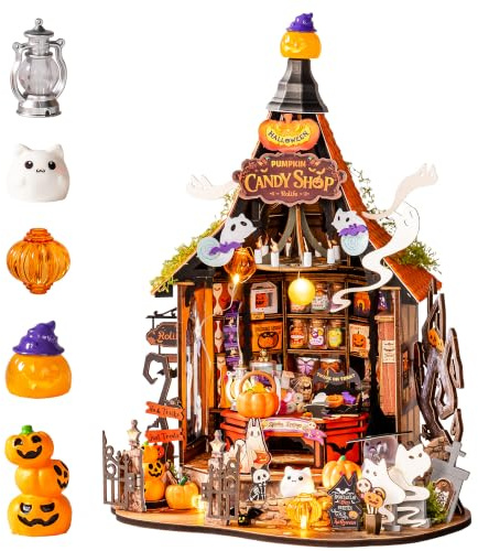 Rolife DIY Miniature Maison de Poupée Haunted Candy House 364 Pcs Bois Kit | Miniature Halloween 9 LED avec Pièces Lumineuses et Carte Lenticulaire, Puzzle 3D Bois sans Colle, Déco Sorcière