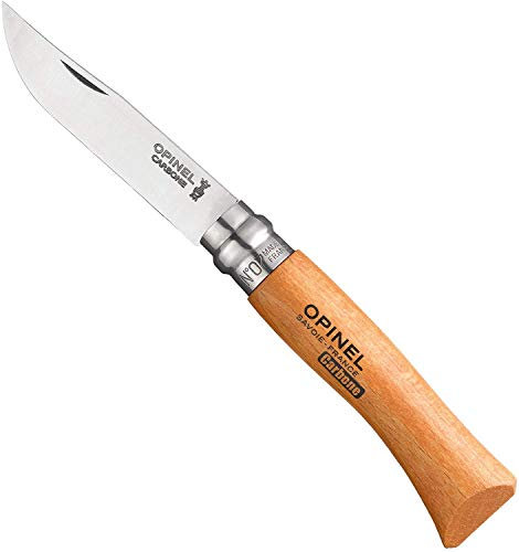 OPINEL - N°07 Couteau de Poche en Blister - Lame 8 cm Carbone XC90, Manche Bois de Hêtre, Usage Quotidien, Bague de Sécurité Virobloc - Fabrication Française