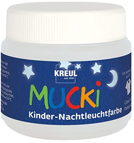 KREUL 24500 - Mucki Kinder Nachtleuchtfarbe, 150 ml Dose, auswaschbare Kindereffektfarbe auf Wasserbasis, parabenfrei, glutenfrei, laktosefrei, vegan, mit Fingern, Pinsel und Spachtel auftragbar