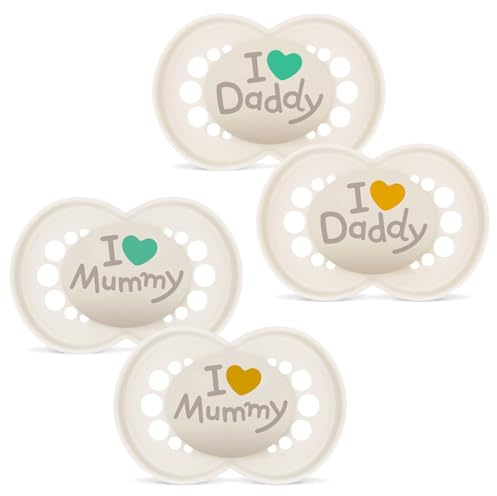 MAM Original I love Mummy & MAM Original I love Daddy // Skin Soft Silikon Schnuller 6-16 // 4er Set // inkl. 2 Sterilisiertransportboxen
