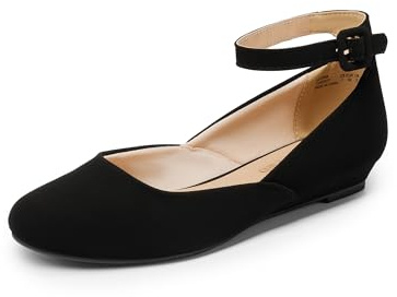 DREAM PAIRS Women's Dress Flats Ballet Low Wedge Round Toe Ankle Strap Comfortable Casual Flats Shoes,Size 8.5,Black/Nubuck,REVONA