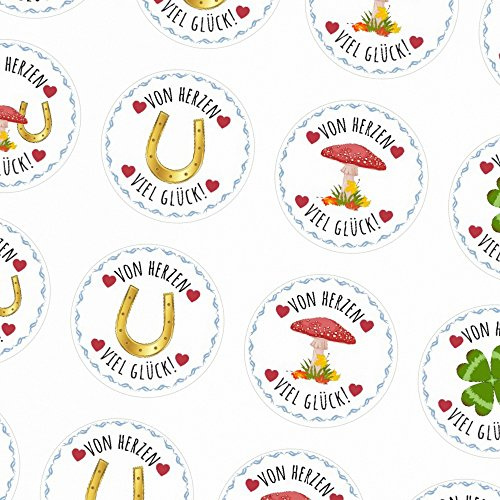 48 moderne Design Etiketten, rund/Viel Glück von Herzen - Bunter Sticker Mix/Geschenk-Aufkleber/Sticker