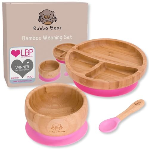 Bubba Bear™ Baby Set mit Saugnapf-Schüssel, Standfeste Saug-Fütter-Teller und Löffel für Babys & Kleinkinder | kostenloses E-Book: der Bubba Bear Weaning | aus natürlichem bamboo