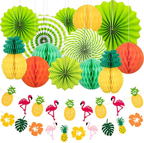 Whaline Summer Party Decoration Set Hanging Paper Fans Pineapple and Flamingo Flower Garland Banner for Hawaiian Luau Beach Birthday Wedding Photo Backdrop