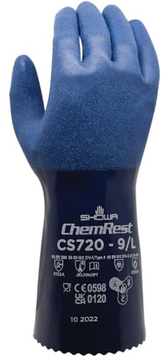 SHOWA CS720 - Guantes protectores de nitrilo resistentes a los productos químicos con forro de poliéster y nailon y textura rugosa, 30,5 cm de largo, color azul, S