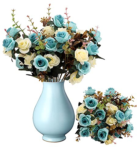 TSLBW 3 Bundles Artificial Flowers Rose Artificial Flowers Outdoor UV Resistant Plants Faux Plastic Greenery Shrubs Indoor Outside Hanging Planter for Home Wedding Office Table Decoration Gift