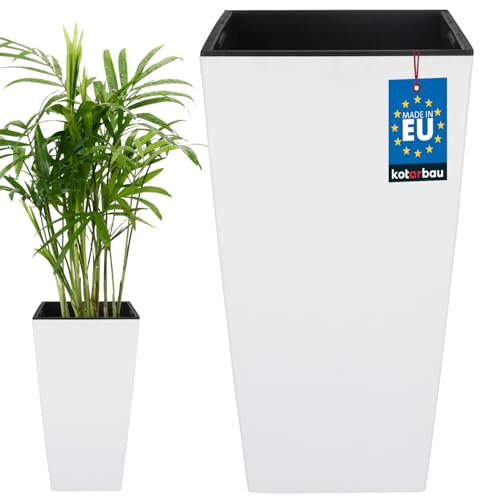 KOTARBAU® Macetero Cuadrado 265 x 265 x 500 mm con Maceta Interior Blanco Mate, Inserto extraíble de Plástico, Tiesto Decorativo Alto para Interior y Exterior