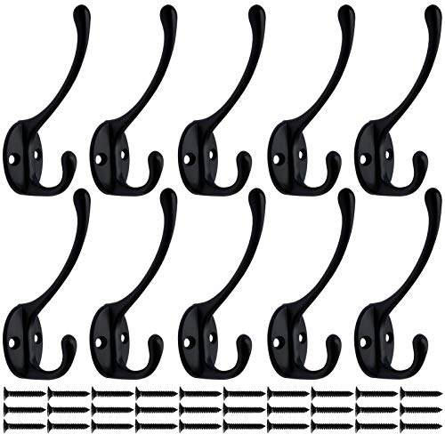 Mokife 10 Stück Kleiderhaken Schwarz Matt, Garderobenhaken Vintage Doppelt Metall Wandhaken Retro für Mantel Robe Tasche Handtuch Schlüssel Hut Tasse