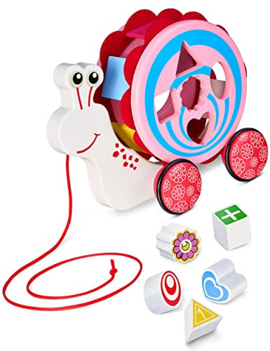 Balinco NACHZIEHSPIELZEUG Holz, Schiebetier Schnecke mit abnehmbarem Schneckenhaus, Inkl. 5 Geometrischen Steckformen, Baby Spielzeug 1 Jahr