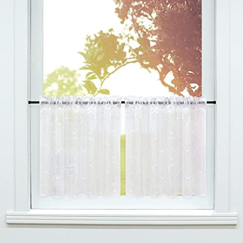 SCHOAL Scheibengardine mit Tunnelzug/Kräuselband 2 Stück Gardinen Küche Set Bistrogardinen Jacquard Fenstergardine Uni BxH 120x45cm Weiß