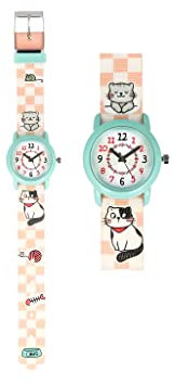 bb Klostermann Kinderuhr Katze rosa kariert 21553 - Armbanduhr Motivuhr Quarz-Uhrwerk