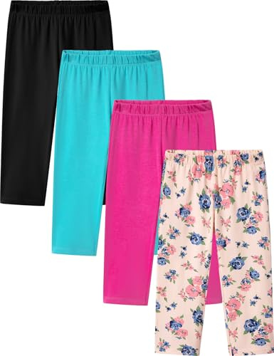 LAPASA Leggings Capri Fille Lot de 4 Uni & à Motifs 3/4 Collants 3-13 Ans Extensible Doux Danse Gym G19 Noir, Turquoise, Rose, Fleurs 11-12 Ans