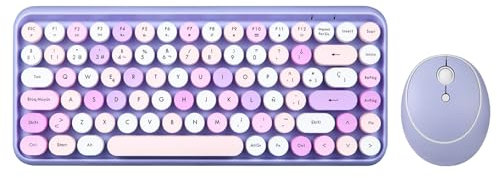 Perixx PERIDUO-713PP ES Set de ratón y Mini Teclado inalámbrico 2.4 GHz, Teclas Redondas Estilo Retro, para PC y Tablet, Morado Pastel, Español QWERTY