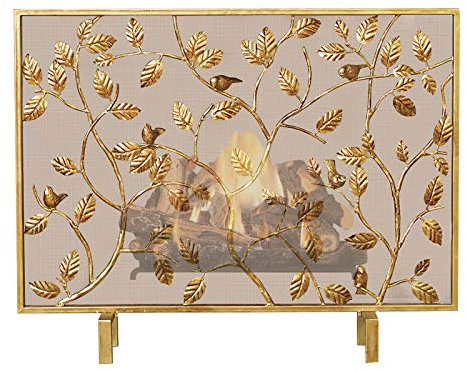 Grille de protection de cheminée, protection de cheminée Gold Leaf Blids Support de protection de cheminée 31,5 pouces, grille de protection individuelle en fer forgé pour cheminée à bois