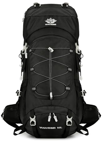 YFREAL Reiserucksack mit Regenschutz, 60 l, wasserabweisend, Kletterrucksack für Damen und Herren, dunkelgrün, Large, Outdoor (SCHWARZ)