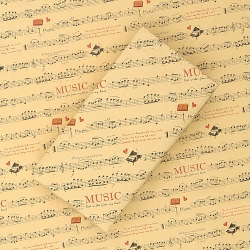 Musik-Geschenkpapier, Musiknotation, Klaviernotation, Kraftpapier, Musiker-Geschenkpapier, flach gefaltet, 4 Bögen für Frauen, Männer, Geburtstag, Babyparty, Urlaub, Hochzeit, Weihnachten, Musik