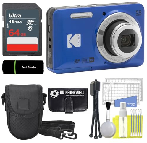 KODAK PIXPRO FZ55 - Fotocamera digitale da 16 MP, zoom ottico 5x, angolo di 28 mm, 1080P, display LCD Full HD da 2,7, con scheda da 64 GB e lettore + custodia + portafoglio per schede in dotazione
