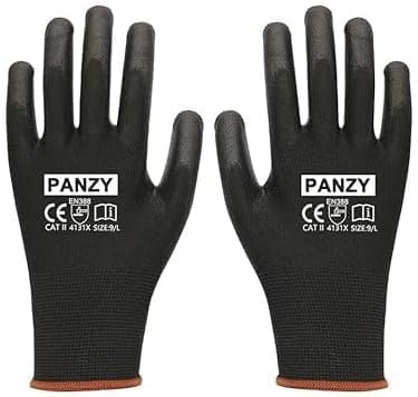 Panzy Pack of 12 or 24 Black Safety Work Gloves, Outdoors PU and Nylon Non-Slip Work Handling Gloves, Good Dexterity Protective Gloves (12, Small (7))