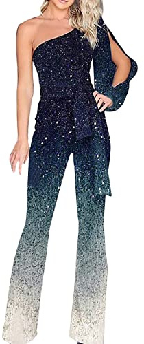 Jumpsuit paljetter, dam, festliga byxor, stora storlekar, affärsoverall, elegant glitterbyxor, lång sparkdräkt, vida ben, onepiece, ärmlös sparkdräkt, jumpsuit, lekdräkter, blå, L